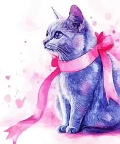 Cat With Pink Ribbon Diamond Painting