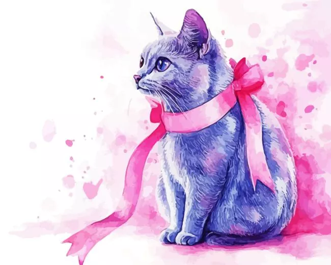 cat with pink ribbon Diamond With Numbers Cat With Pink Ribbon Diamond Painting
