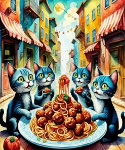 Cats Eating Spaghetti Diamond Painting
