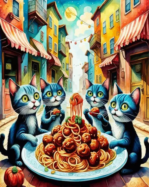 cats eating spaghetti Diamond By Numbers Cats Eating Spaghetti Diamond Painting