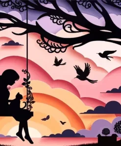 Girl And Cat In Swing Silhouette Diamond Painting