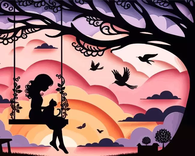 girl and cat in swing silhouette Diamond Paintings Girl And Cat In Swing Silhouette Diamond Painting