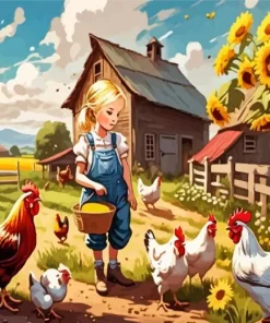 Girl Feeding Chickens Diamond Painting