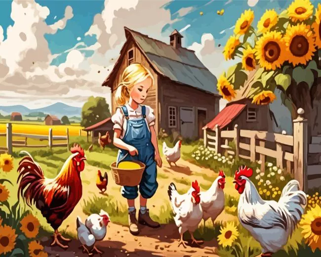 girl feeding chickens Diamond by Numbers Girl Feeding Chickens Diamond Painting