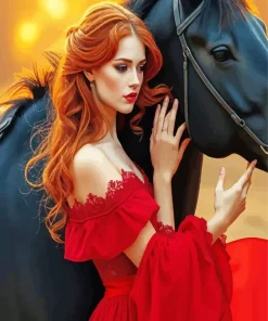 Gorgeous Lady With Black Horse Diamond Painting