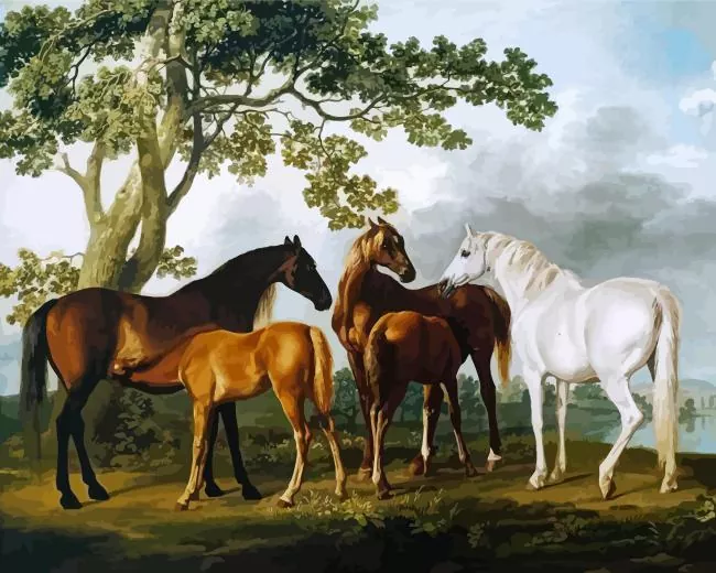 mares and foals in a river landscape Diamond By Numbers Mares And Foals In A River Landscape Diamond Painting
