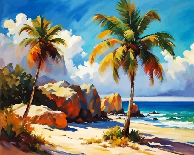 seascape with palm trees art Diamond With Numbers Seascape With Palm Trees Art Diamond Painting