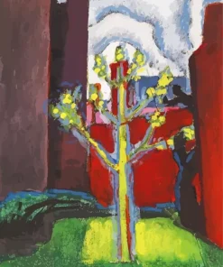Young Tree In Red Courtyard Diamond Painting