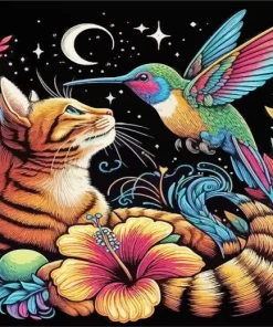 Cat and Hummingbird Diamond Painting