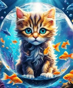 Cat in The Fish Bowl Diamond Painting