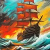 Red Sail Ship at Sunset Diamond Painting