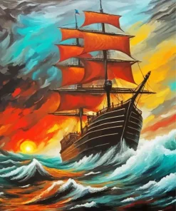 Red Sail Ship at Sunset Diamond Painting