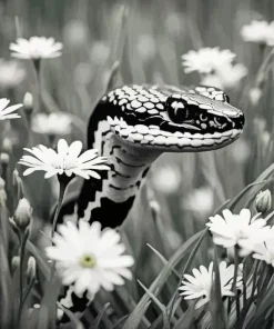 Black and White Snake in Daisies Diamond Painting