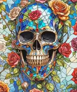 Floral Stained Glass Skull Diamond Painting