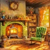 Green Chair by Fireplace Diamond Painting