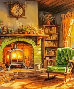Green Chair by Fireplace Diamond Painting