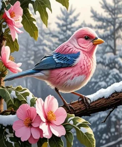 Pink Bird in Winter Blossoms Diamond By Numbers