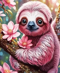 Pink Sloth Flowers Diamond Painting