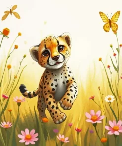 Playful Cheetah Cub in Wildflowers Diamond Painting