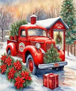 Vintage Christmas Red Truck Diamond Painting